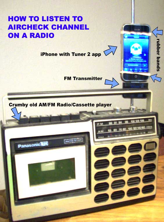 picture of iphone attached to portable radio with rubber bands
